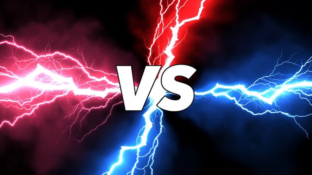 Dramatic lightning bolts, red vs blue, versus concept, electric storm, conflict background
