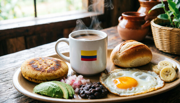 Traditional Colombian breakfast with fried egg arepa and hot beverage on a rustic wooden table / Arepa con huevo desayuno 