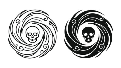 Cyclone Skull Symbol: A striking circular design featuring a skull at its center, surrounded by swirling vortex lines, symbolizing a hurricane or a dark, powerful force. Two versions. © jannatul