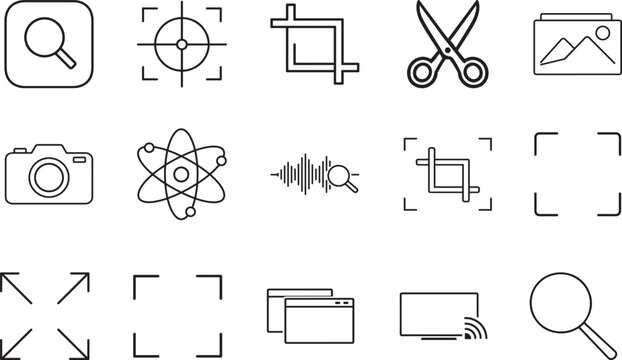 Outline zoom icon set featuring screen zoom and magnifying glass for UI, web, mobile, and interface design.
