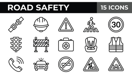 Road safety icon set with 15 linear vector symbols, traffic security and driving regulations, automotive safety icons © @ahmedmaynul