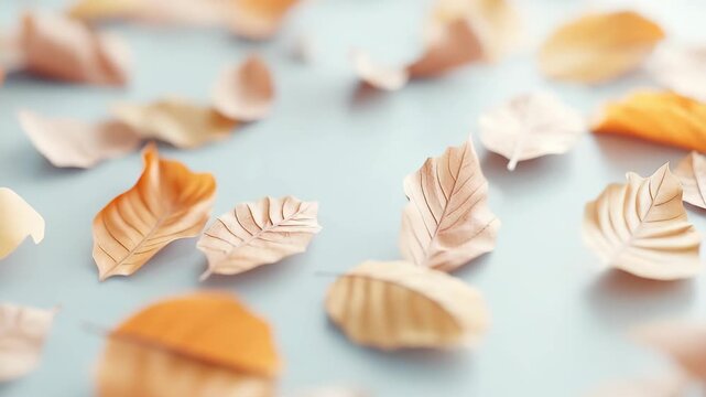 Leaves of different colors and shapes are scattered on a light blue surface. The display captures the essence of fall with an autumn theme