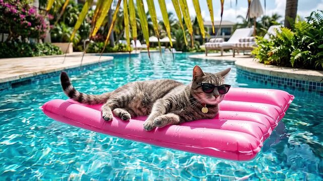 Tracking shot of tabby cat lounging on pink inflatable float drifting across turquoise resort pool in sunny daytime relaxed tropical backyard leisure scene