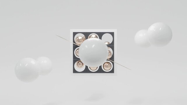 Elegant minimal 3D motion design with black and white central plane, golden balls and white background, premium abstract animation, seamless futuristic visual backdrop for branding