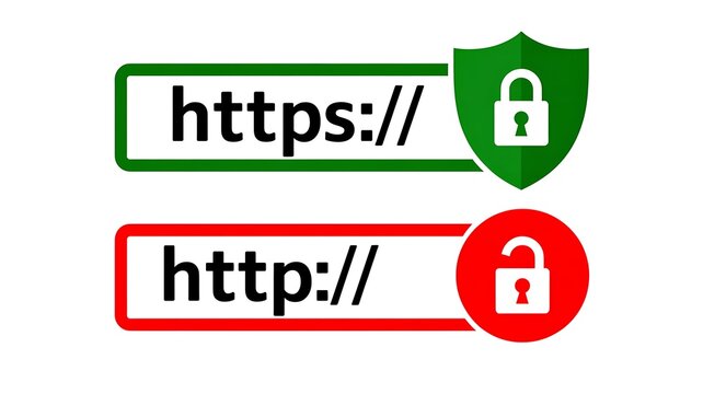 Secure, insecure website icons, green shield, red lock, https links, cybersecurity symbols