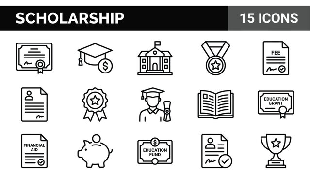 Scholarship line icons set, 15 education grant and financial aid vector symbols, academic funding and student loan icons