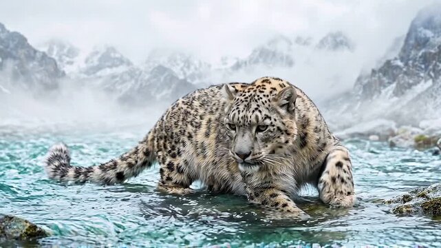 Slow motion tracking shot of snow leopard moving and settling in icy mountain stream amid foggy alpine peaks, showing wet fur, rippling water and rocky shore