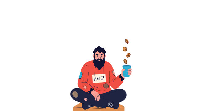 Poor homeless man sitting cross-legged wearing a patched sweater and holding a cup for charity donations.