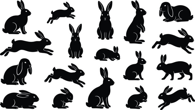 Rabbit silhouette vector collection featuring Easter bunny hares sitting jumping and running poses isolated on white.