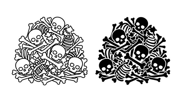 Pile of Skulls and Bones: A graphic illustration depicting a chaotic pile of skulls and crossbones, presented in both black and white and inverted color schemes.