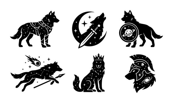 Cosmic Wolf Icons Set, Celestial Canine Graphics, Mystical Animal Vector Illustrations, Galactic Dog Symbols, Fantasy Creature Designs