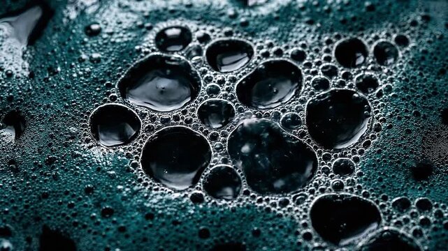 Slow motion macro tracking shot of oil and water bubbles merging and shifting on dark teal liquid surface in studio close up moody abstract study