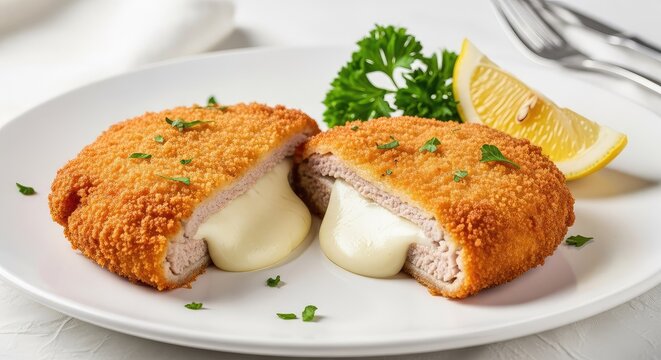 Golden crispy breaded meat cutlet sliced to reveal a generous layer of melted white cheese inside, served on a clean white plate with garnish, melted, protein, fillet
