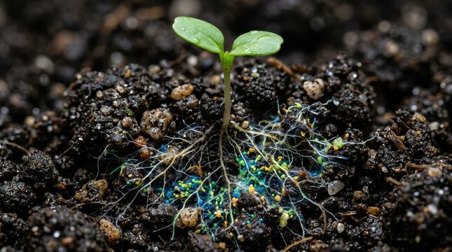 A seedling with fresh green cotyledons rises from dark soil as root hairs, fungal hyphae, and clustered bacteria form a colorful rhizosphere halo; soil aggregates, moisture droplets, and fluorescence