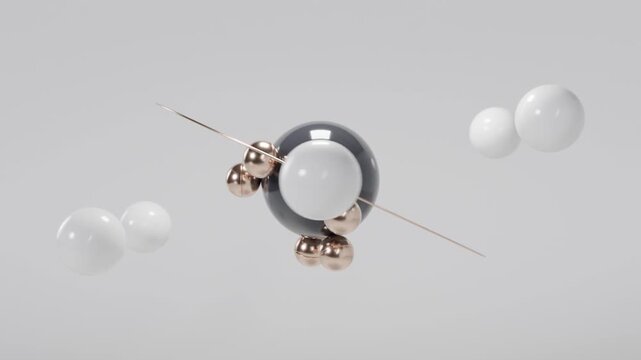 Abstract 3D Composition with Black Central Sphere and Golden Geometric Elements on White Background, Minimal Luxury Motion Design, Futuristic Loop, Clean Modern Abstract Animation for Premium Visual P