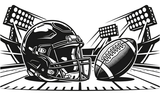 Powerful front-view vector illustration featuring an American football helmet positioned beside a football on a stylized stadium field with dramatic stadium light structures in the background, dynamic
