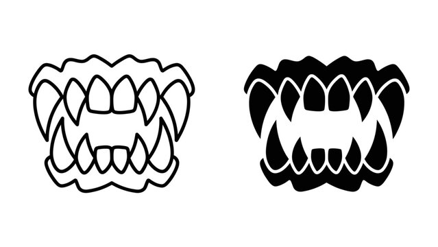 Monstrous Fangs: Two sets of sharp, menacing teeth are depicted, one in outline and the other in silhouette, ready to bite or tear.