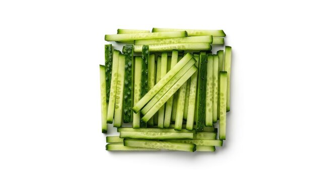 Thinly cut cucumber matchsticks precisely arranged over a crisp white backdrop, ideal for minimalist food blogs, nutrition guides and menus, raw, sliced, low calorie