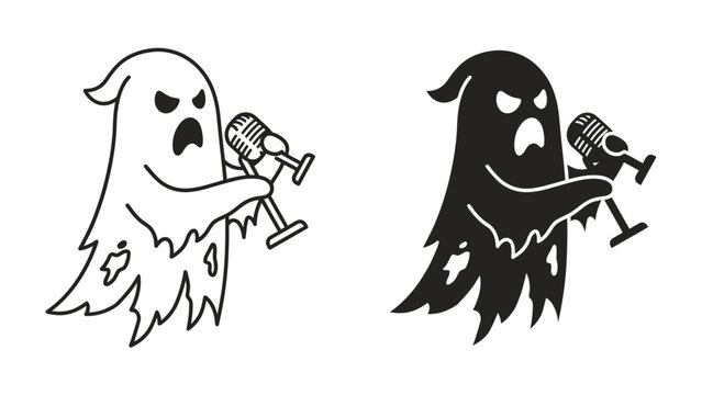 Spooky Serenade: A stylized ghost, depicted in both outline and silhouette, dramatically holds a vintage microphone, its eerie expression conveying a haunting musical performance.