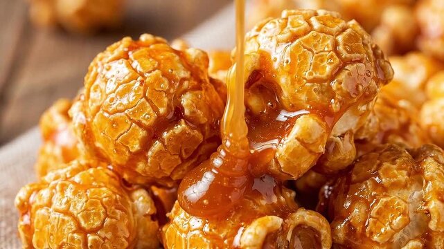 Slow motion macro close up of caramel pouring and coating popcorn cluster on rustic kitchen countertop, glossy amber glaze highlighting texture and warm daytime cozy indulgent mood
