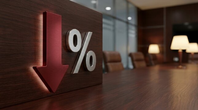 Falling Financial Trend Concept: Metallic Red Arrow and Silver Percentage Symbol on Wooden Office Desk
