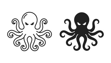 Monstrous Octopus Icons: Two stylized octopus illustrations, one in black and white outline and another in solid black, depict a fierce, eight-legged creature with menacing eyes and curly tentacles. © mrs