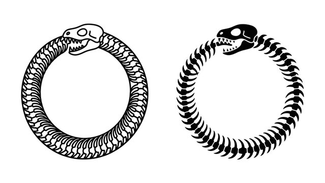 Ouroboros Symbol: Two stylized illustrations of the Ouroboros, a serpent or dragon eating its own tail, forming a circular symbol representing cycles, renewal, and infinity.