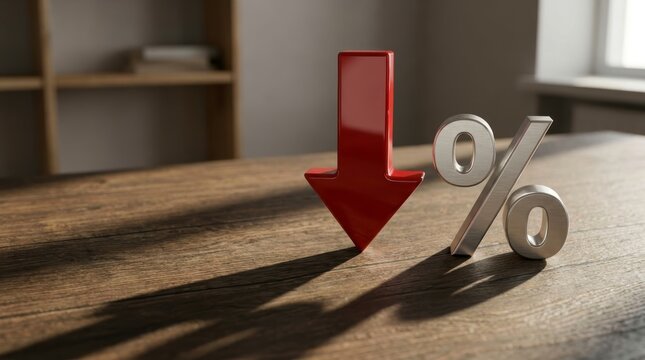Falling Financial Trend Concept: Metallic Red Arrow and Silver Percentage Symbol on Wooden Office Desk