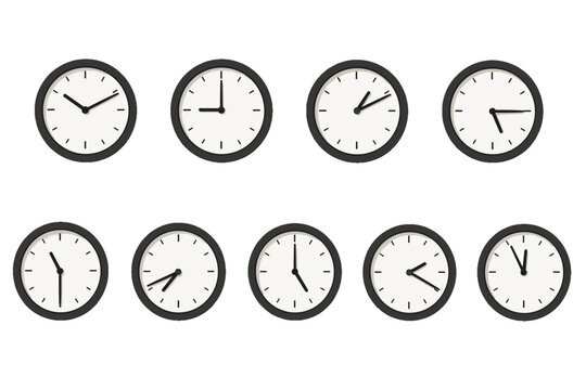 Set of simple round wall clocks showing different times