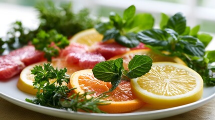 Fototapeta premium A vibrant plate of citrus slices including lemon orange and grapefruit segments garnished with fresh mint and parsley