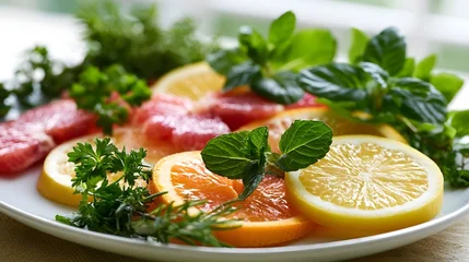 A vibrant plate of citrus slices including lemon  orange  and grapefruit segments garnished with fresh mint and parsley © Bussakon