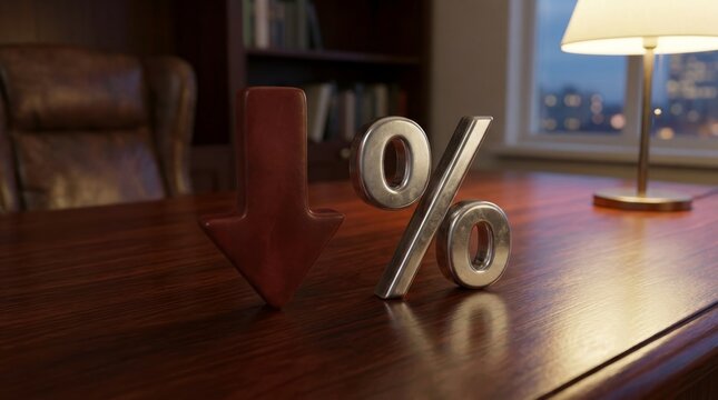 Falling Financial Trend Concept: Metallic Red Arrow and Silver Percentage Symbol on Wooden Office Desk