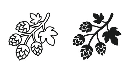 Hops Branch Icons: A set of graphic icons featuring a branch with hops cones and leaves, presented in both outline and solid silhouette styles, ideal for design elements. © Md
