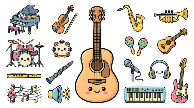 Colorful cartoon musical instruments icons set