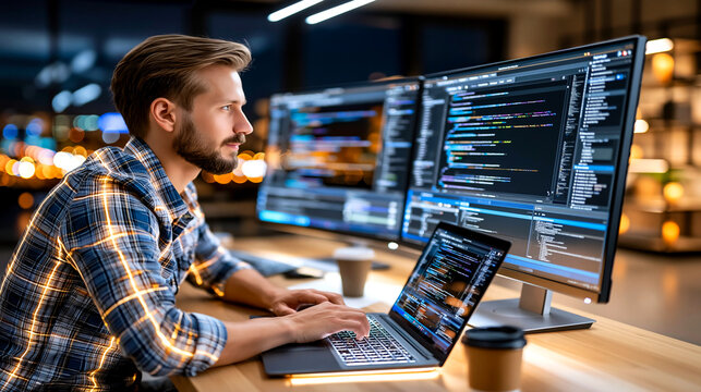 Man wearing a plaid shirt works on a laptop in front of multiple computer monitors displaying code