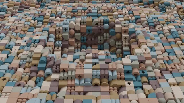 Contemporary geometric abstract background with realistic 3D elements, clean minimalist render, seamless animation, elegant digital motion graphics for creative use