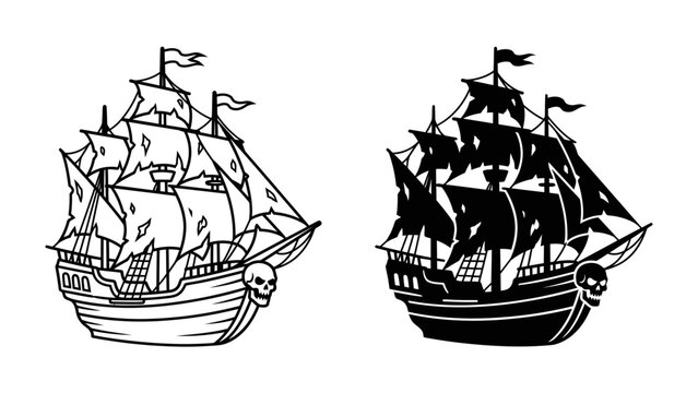 Pirate Ship Silhouette and Outline: A classic pirate ship, depicted in both a detailed outline and a solid silhouette, sails the high seas with tattered sails and a skull emblem.