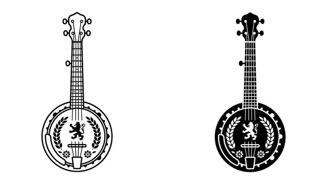 Banjo Iconography: A striking pair of banjo illustrations, one in outline and the other in solid black, featuring a stylized lion emblem encircled by laurel wreaths.
