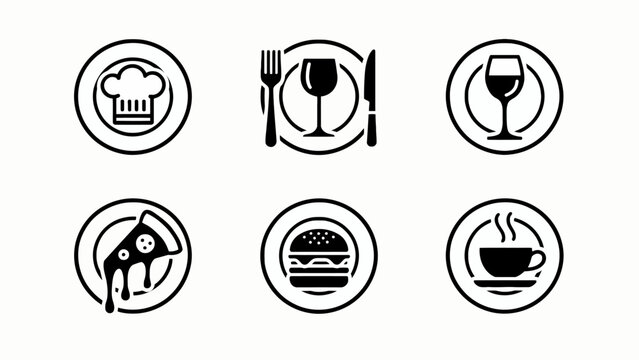 Restaurant Food Icons: Chef Hat, Place Setting, Wine, Pizza, Burger, Coffee Cup