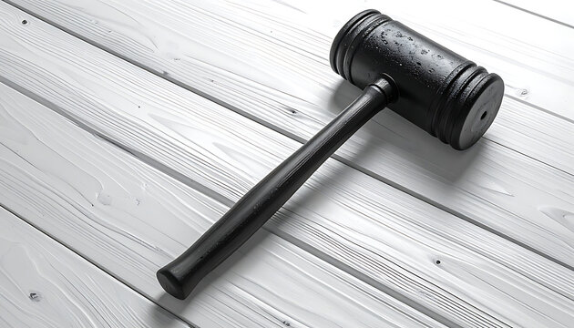 A dark wooden gavel rests on a white wooden plank surface, symbolizing justice and legal decisions.