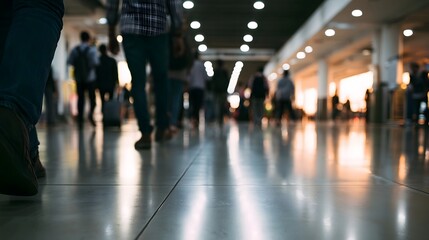 Fototapeta premium Low angle view of people walking through a brightly lit indoor corridor with reflective floor tiles