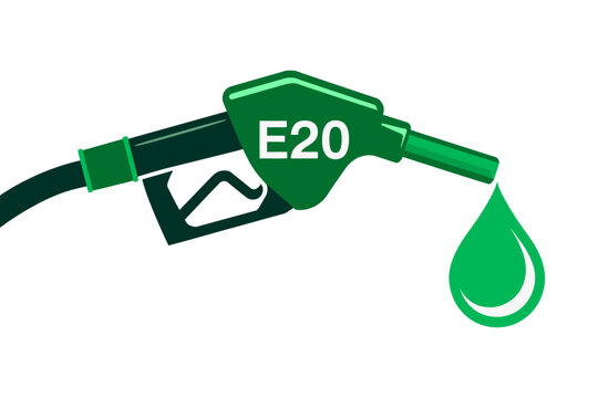 E20 Biofuel Petrol Pump Nozzle with Green Fuel Drop Isolated on White