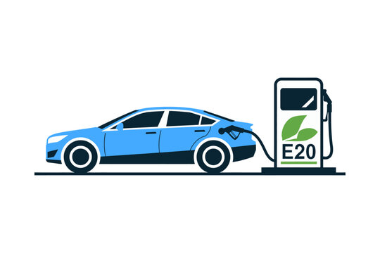 E20 Ethanol Fuel Nozzle Refueling Modern Car Isolated on White Background