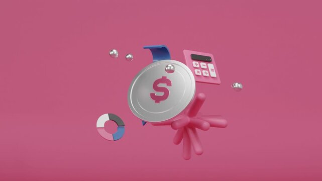Abstract 3D motion graphics featuring a silver dollar coin, geometric shapes, calculator, and dynamic blue arrow on a pink background. Financial growth and profit calculation concept
