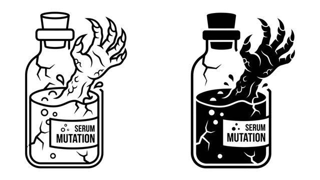 Mutant Hand in Serum Bottle: A monstrous hand emerges from a cracked serum bottle labeled MUTATION, hinting at a terrifying transformation and scientific experiment gone awry.