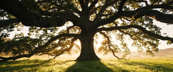 Fototapeta premium Majestic ancient oak tree silhouette standing in a sunlit misty meadow at sunrise