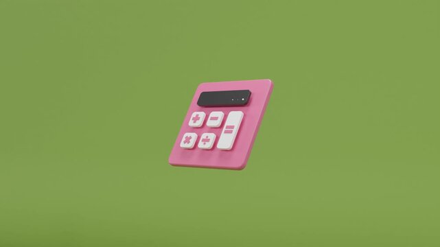 Abstract 3D animation of a Pink calculator on a Green background, illustrating financial calculation, fintech services, banking promotions, accounting concepts, and currency exchange visuals