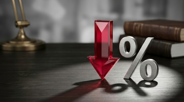Falling Financial Trend Concept: Metallic Red Arrow and Silver Percentage Symbol on Wooden Office Desk