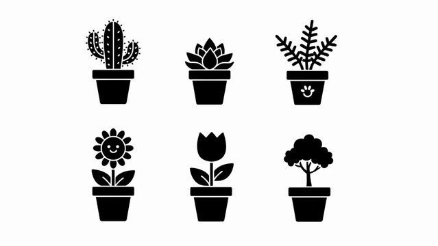 Set of 6 Potted Plants Icons: Cactus, Succulent, Fern, Flower, Tulip, Tree