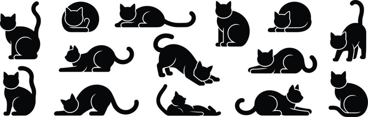 Collection of black cat silhouettes in various resting, sitting, and playing poses, isolated on a white background, for pet © Bappy